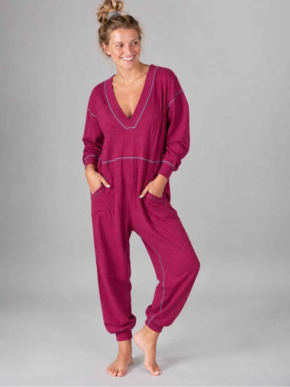 Natural Life NWT Oversized Johnnie Cotton Jumpsuit Contrast Stitch Women Size S